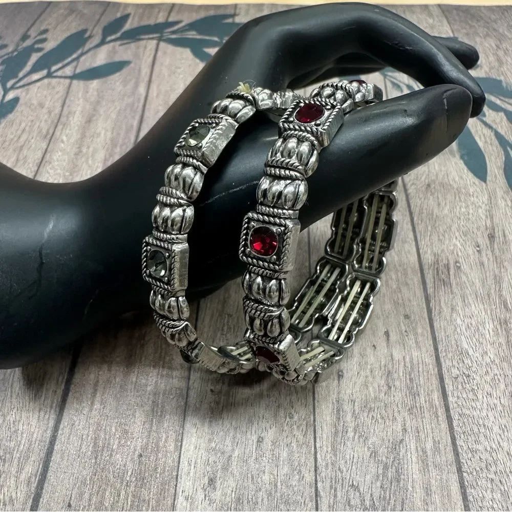 Silver Red Clear Crystal Stretch Bracelets Set Of 2 B9